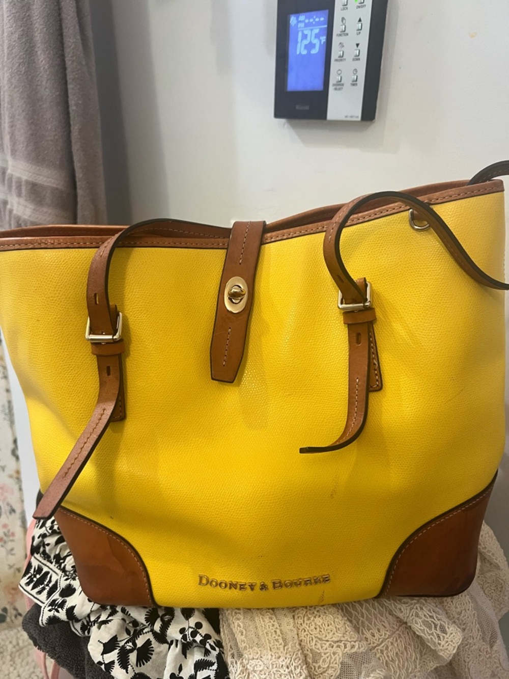 Dooney & Bourke Bright Yellow Tote with Tan Leather Trim